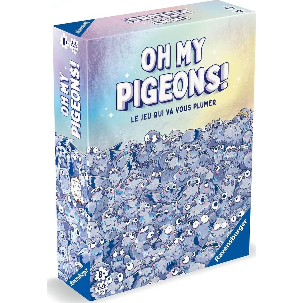 Kaartspeldoos "Oh My Pigeons!" met veel duivenillustraties.