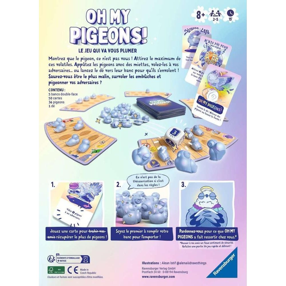 Speelbord met duivenfiguren, kaarten en dobbelstenen voor het spel "Oh My Pigeons!".