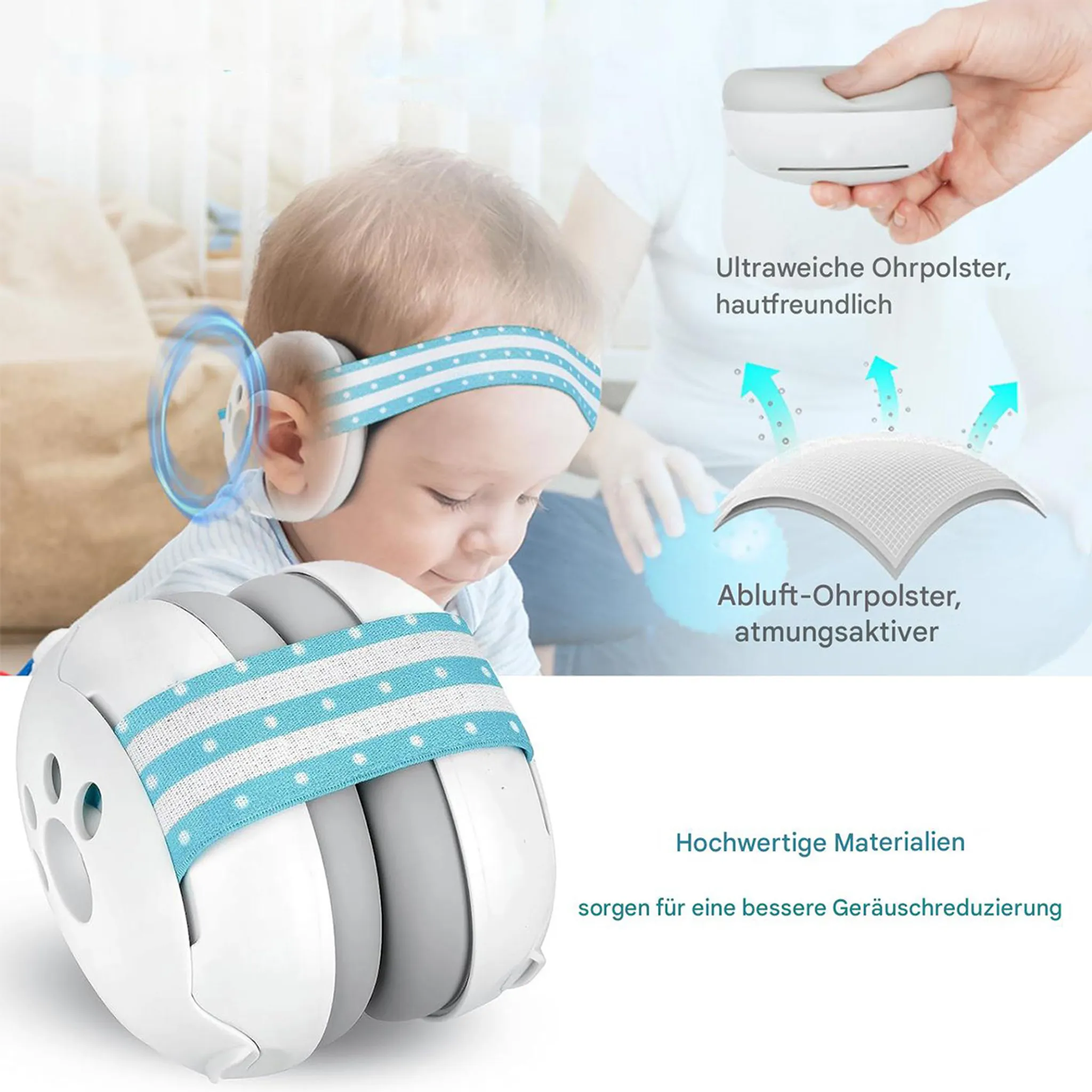 Baby mit Kopfhörer, Fokus auf weiche, atmungsaktive Ohrpolster.