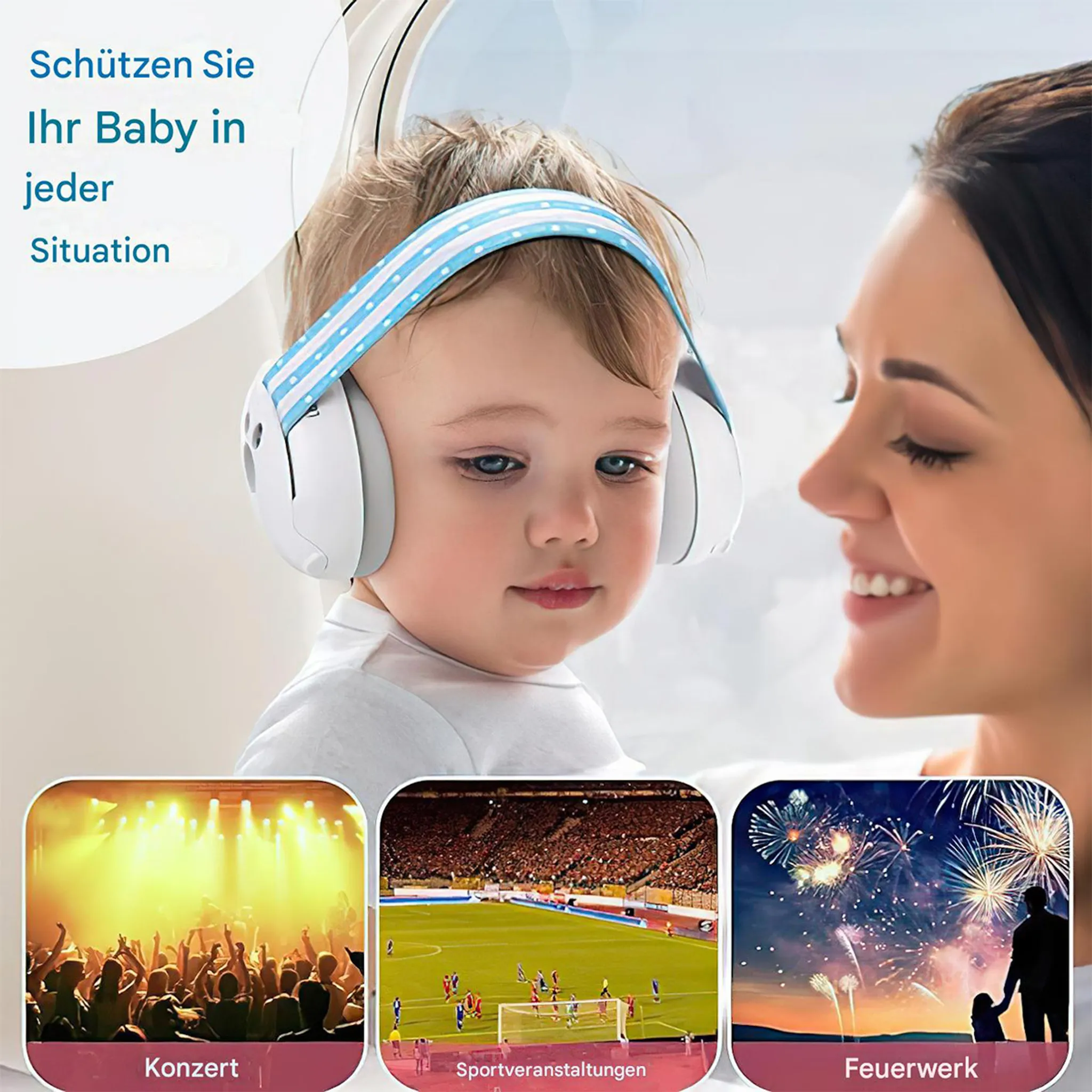 Baby mit Kopfhörern, Mutter lächelt, Konzert, Sport, Feuerwerk.