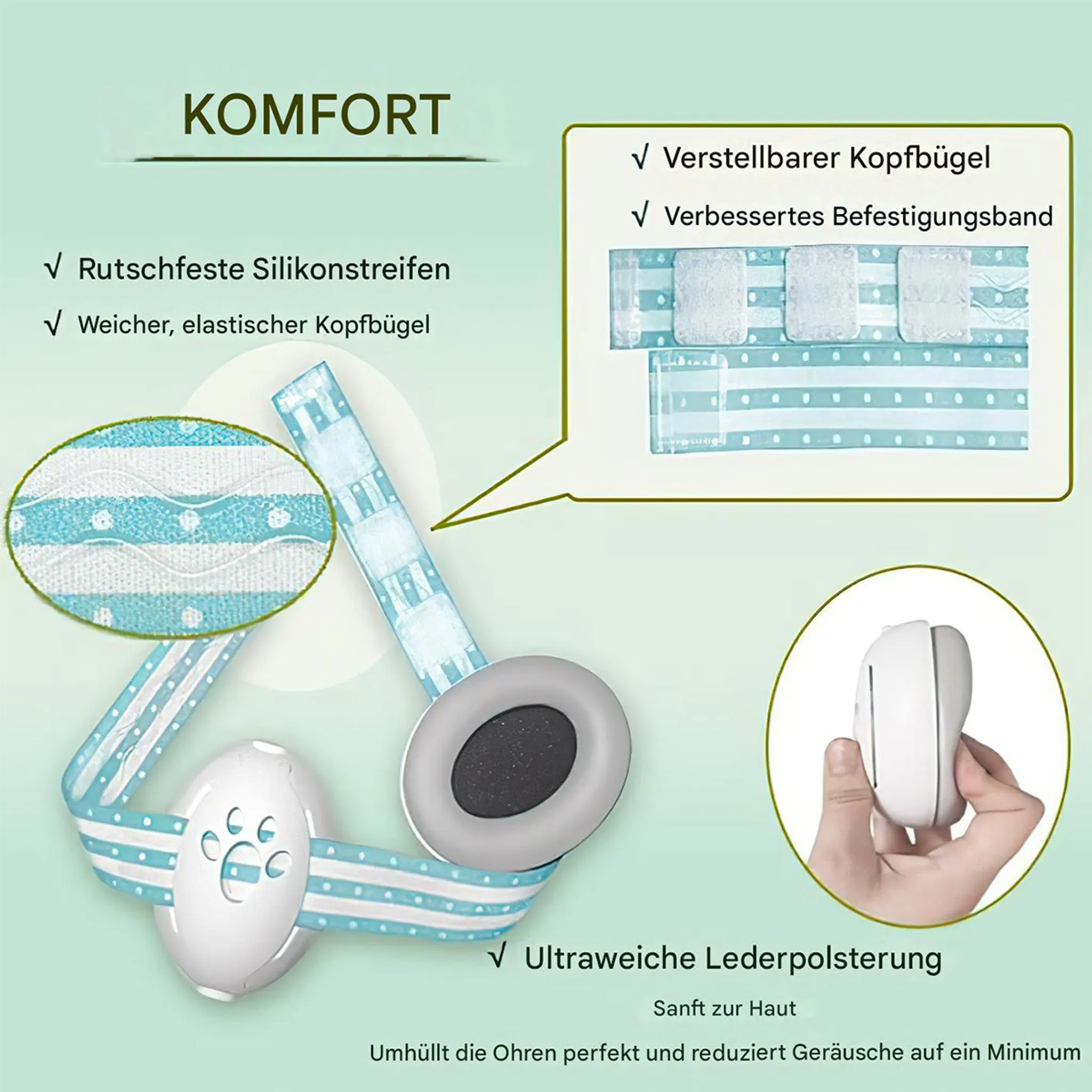 Kopfhörer mit blauem Band, Silikonstreifen, Lederpolsterung und Hand.