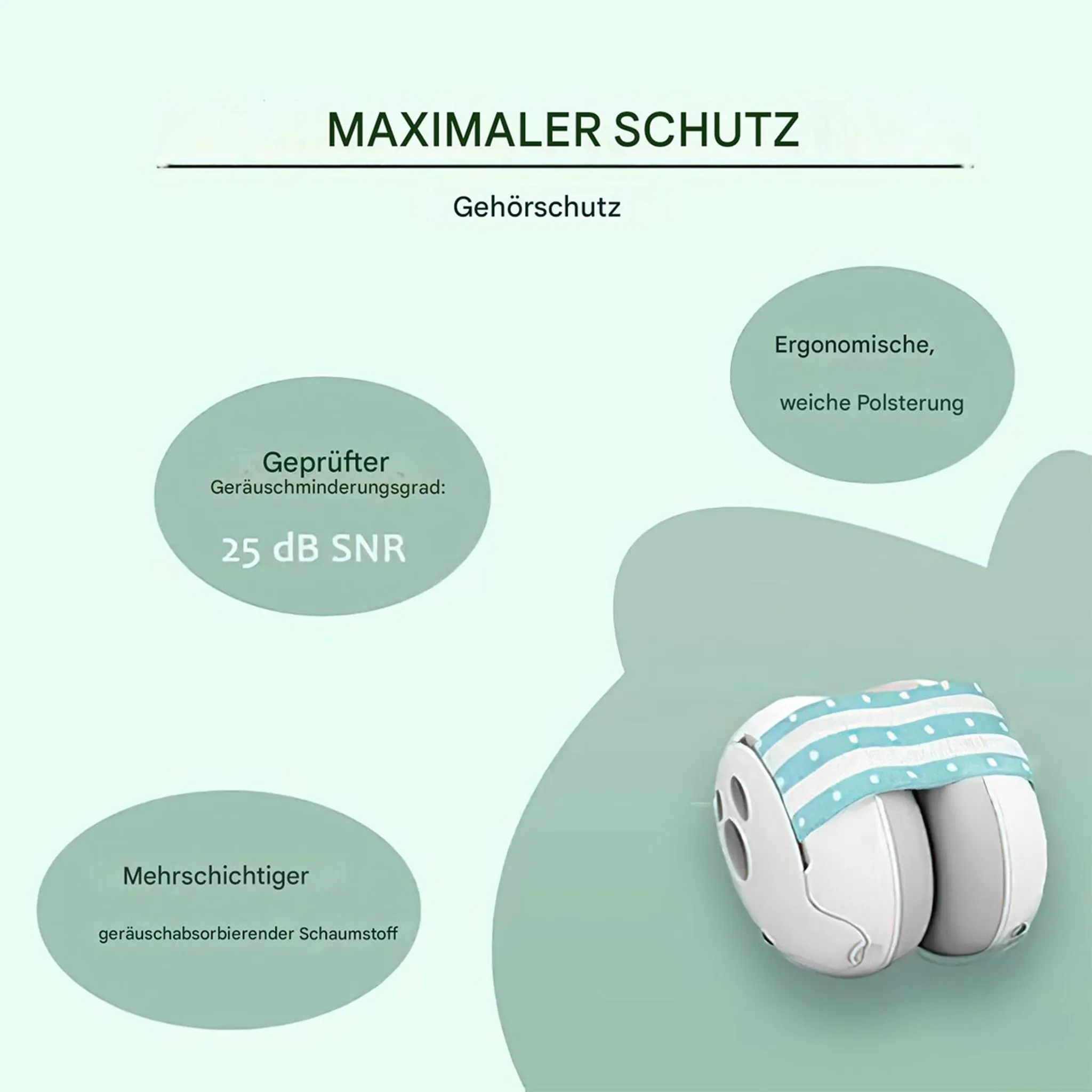 Weiße und blaue Gehörschützer mit Streifen und Punkten, 25 dB SNR.