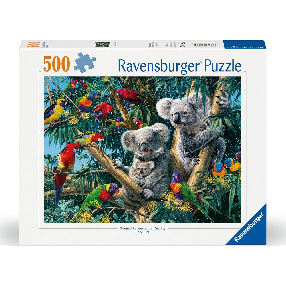 Ravensburger puzzeldoos met koala's en kleurrijke papegaaien in een weelderig groen bos.
