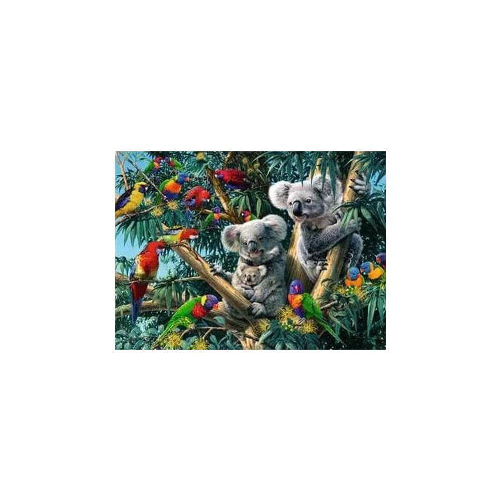 Koala familie en kleurrijke papegaaien in een eucalyptusboom.