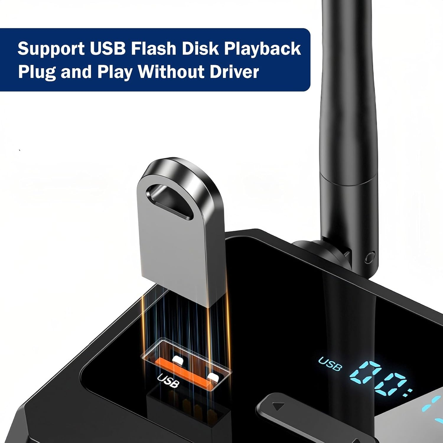 Ein USB-Stick wird in ein schwarzes Gerät mit Digitalanzeige und Antenne gesteckt.