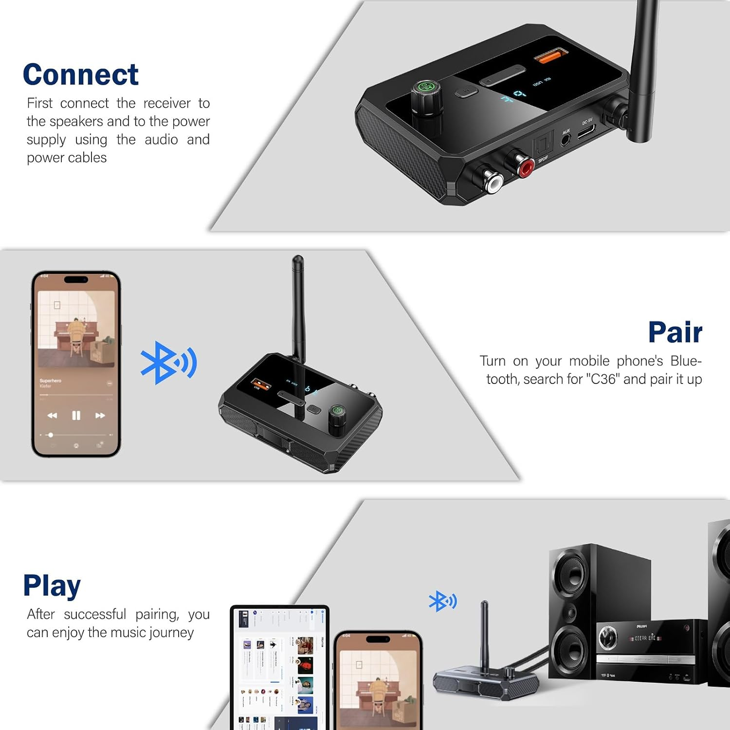 Anleitung: Verbinden, Koppeln, Musik abspielen mit Receiver, Handy und Lautsprechern.