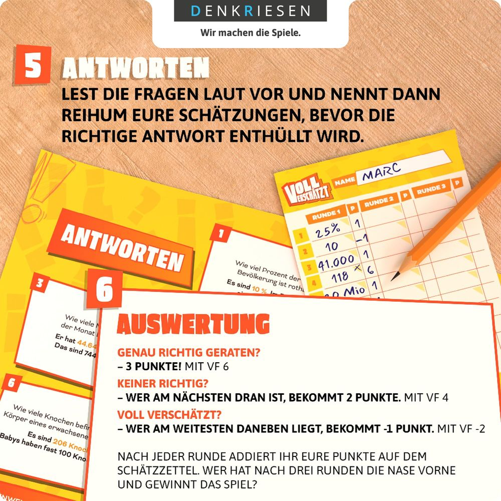 Spielanleitung: Fragen laut vorlesen, Schätzungen nennen, dann Antwort enthüllen.