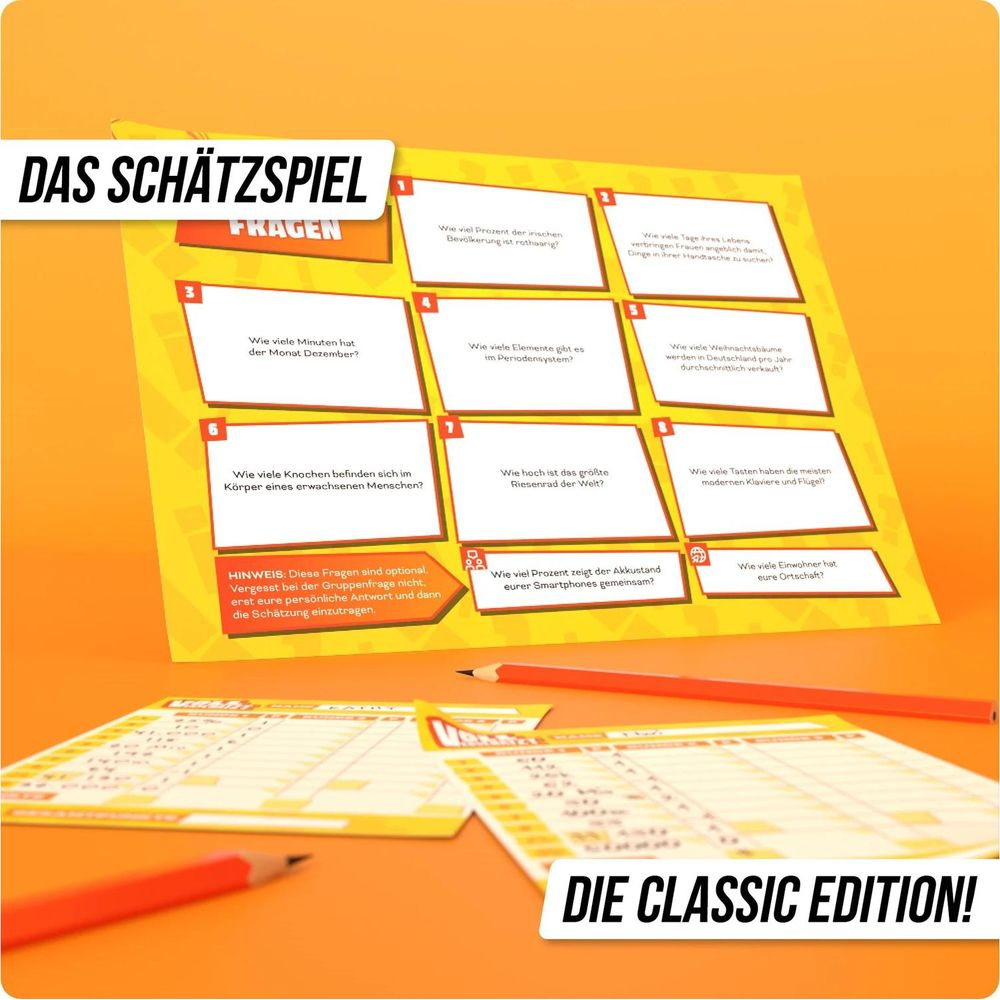 Spielbrett mit Fragen zum Schätzen, wie z.B. "Wie viele Minuten hat der Monat Dezember?".