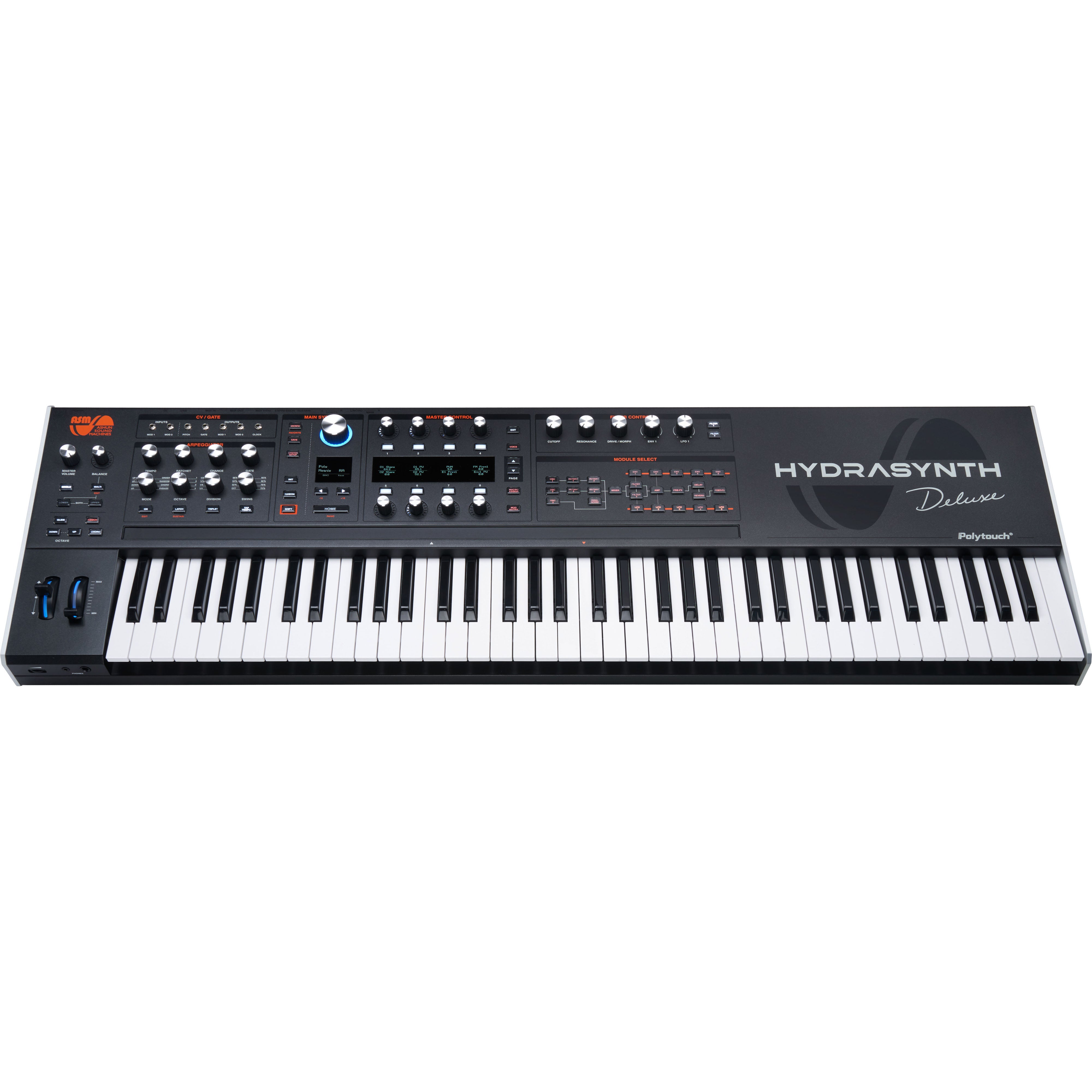 Un clavier synthétiseur noir avec des boutons, des molettes et un écran.