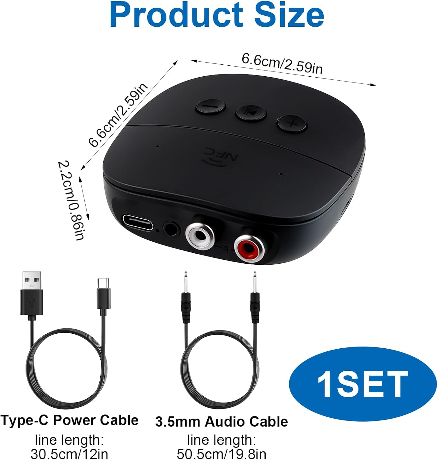 Schwarzer Bluetooth-Empfänger mit Abmessungen, Kabeln und "1SET"-Aufkleber.