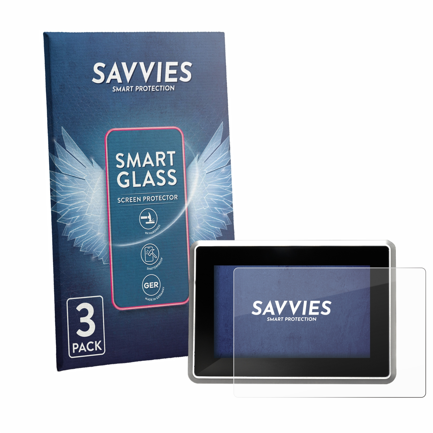 Savvies Smart Glass Displayschutz, 3er-Pack, mit Handy und einem Schutz.