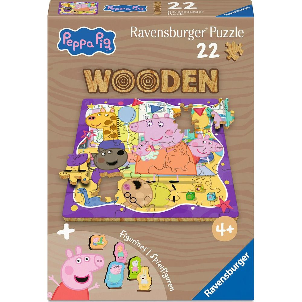 Ravensburger Peppa Pig Holzpuzzle mit 22 Teilen und Figuren im Holzkisten-Design.
