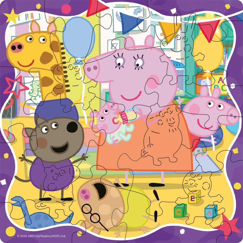 Peppa Pig Charaktere auf einer bunten Party mit Ballons, Bannern und Spielzeug.