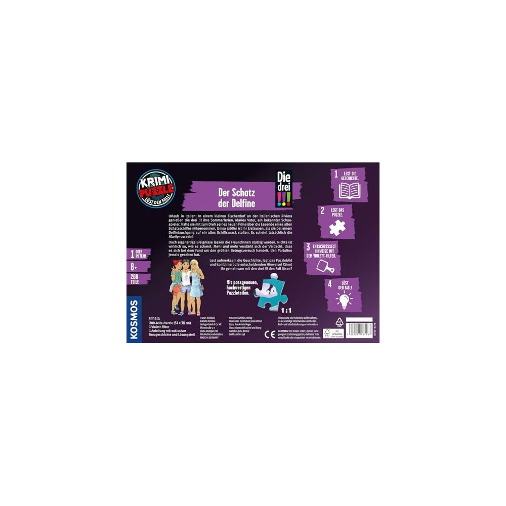 Brettspielverpackung: 'Die drei !!! Der Schatz der Delfine', 200 Teile Puzzle.