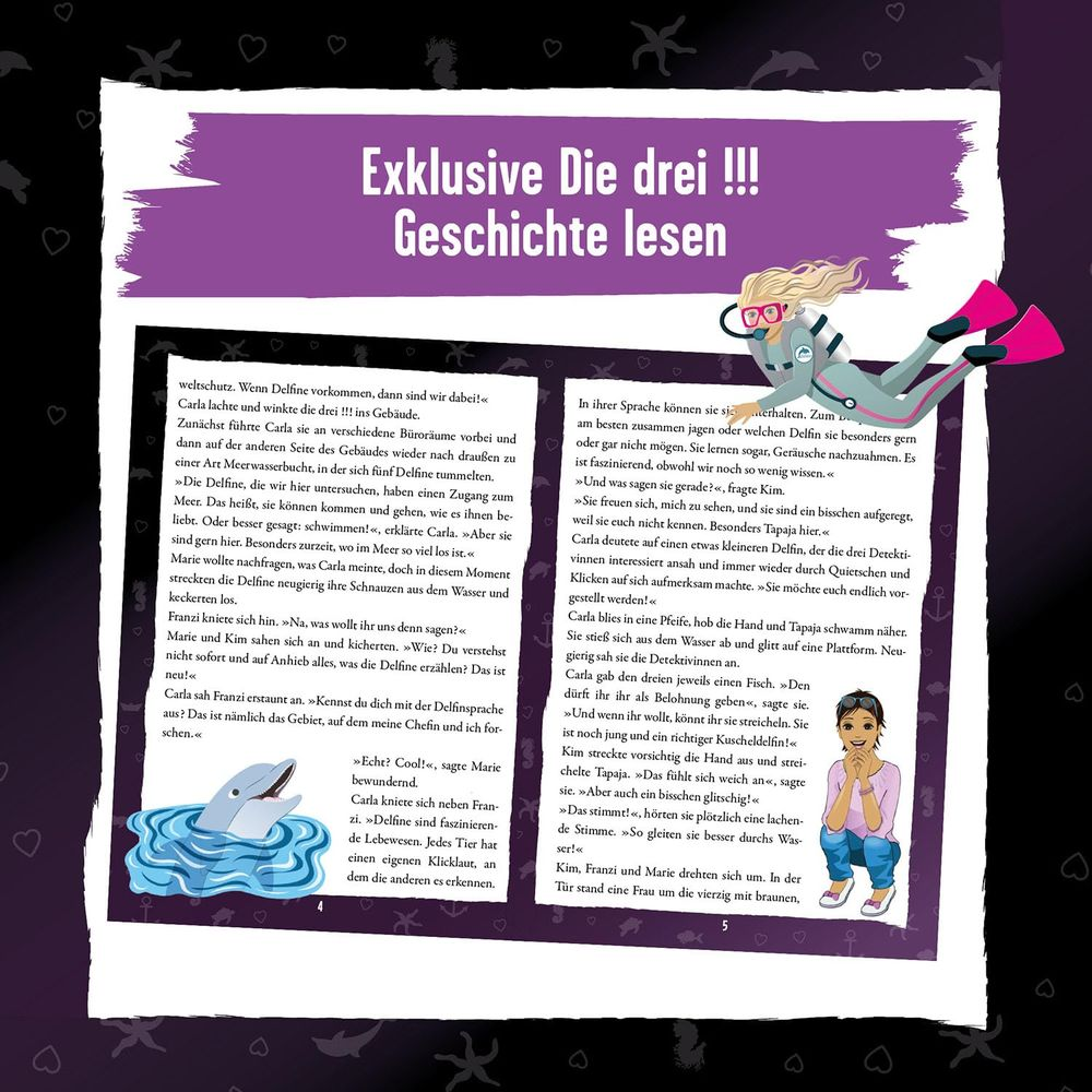 Illustration eines Buches mit Text und Bildern von Delfinen und einer Taucherin.