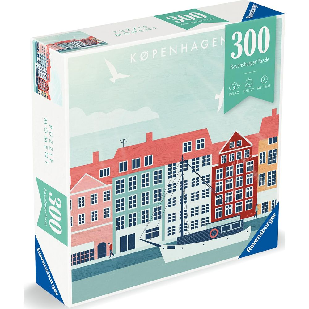 Ravensburger 300-Teile-Puzzle-Box mit Blick auf den Kopenhagener Hafen mit bunten Gebäuden und einem Boot.