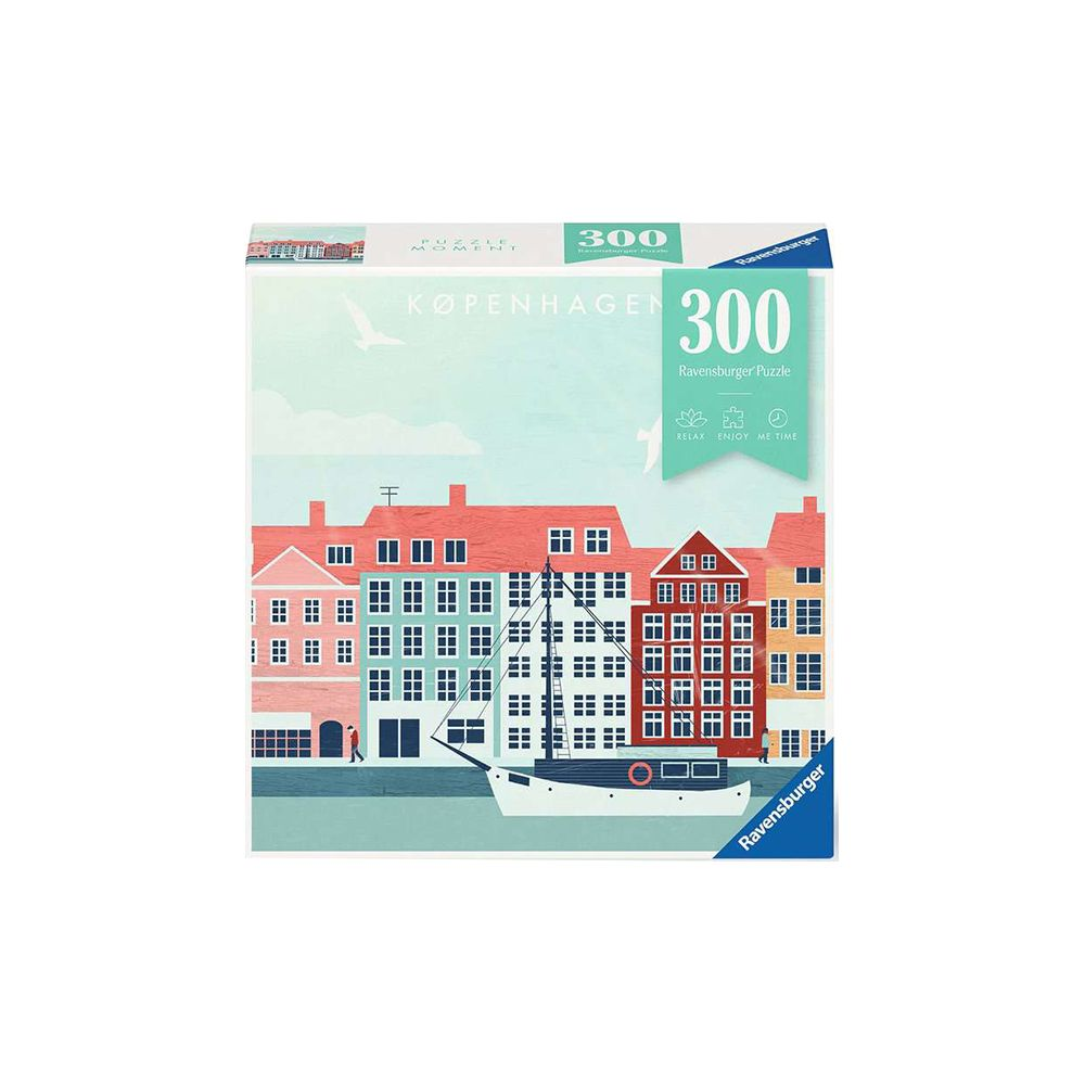 Ein Ravensburger Puzzle von Kopenhagen mit bunten Häusern und einem Schiff.