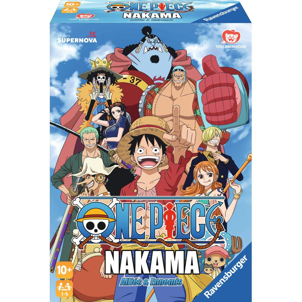 One Piece Nakama speldoos met personages Ruffy, Nami, Zoro, Sanji, Chopper, Jinbe en Brook.