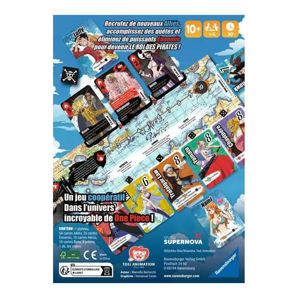 One Piece coöperatief bordspel met karakterkaarten en speelstukken.