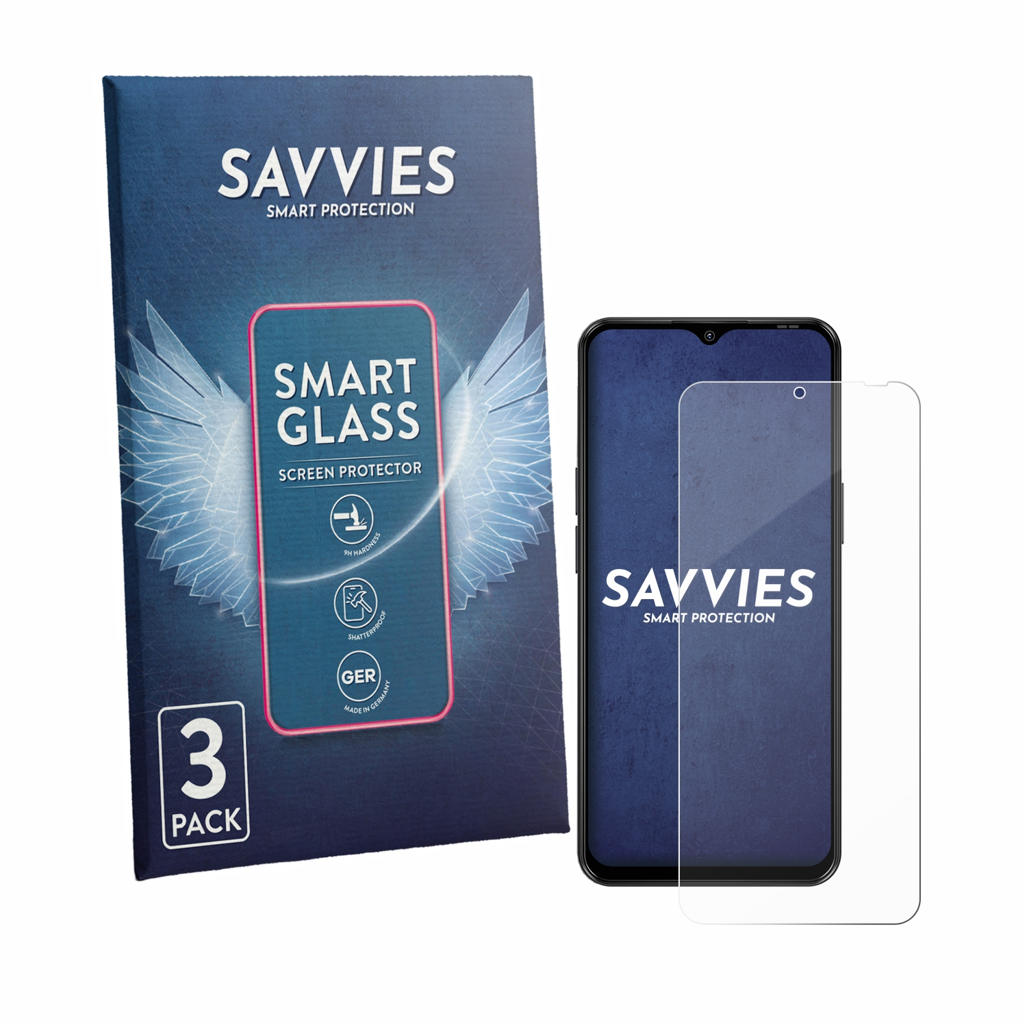 Savvies Smart Glass Displayschutzfolie, 3er Pack, mit Smartphone.