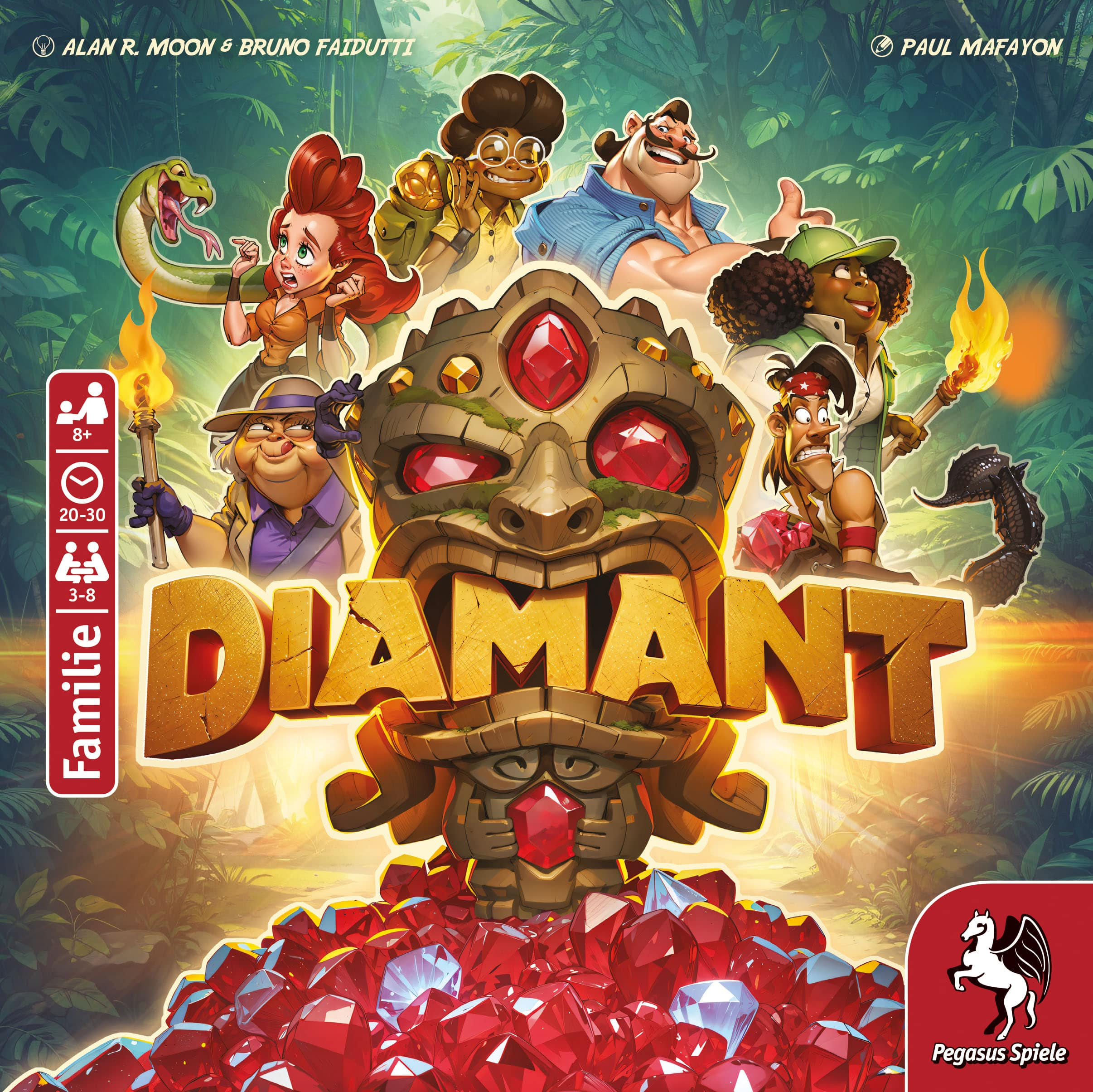 Plateau de jeu avec un masque, des joyaux et des aventuriers dans la jungle.