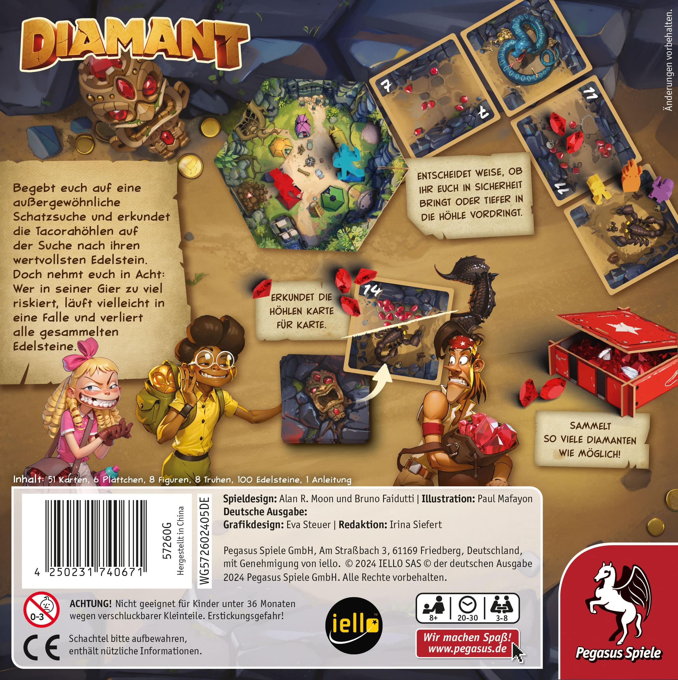 Jeu de société "Diamant" sur le thème de la chasse au trésor, joueurs et gemmes.