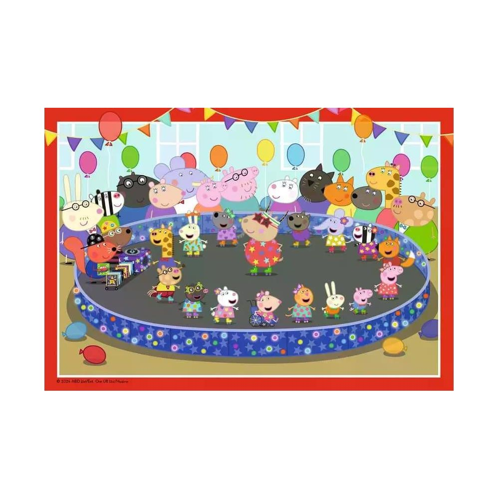 Eine Gruppe von Peppa Wutz-Charakteren auf einer Bühne mit Ballons und Girlanden.