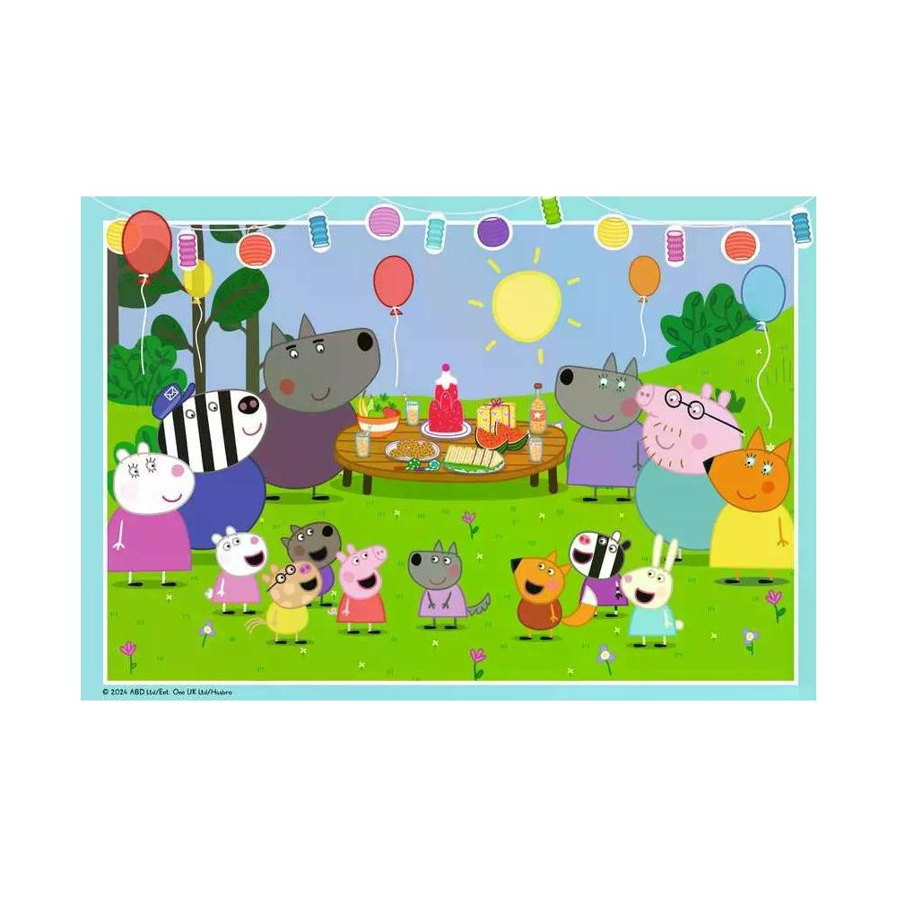 Peppa Wutz Charaktere bei einer Gartenparty mit Essenstisch, Ballons, sonnigem Himmel.