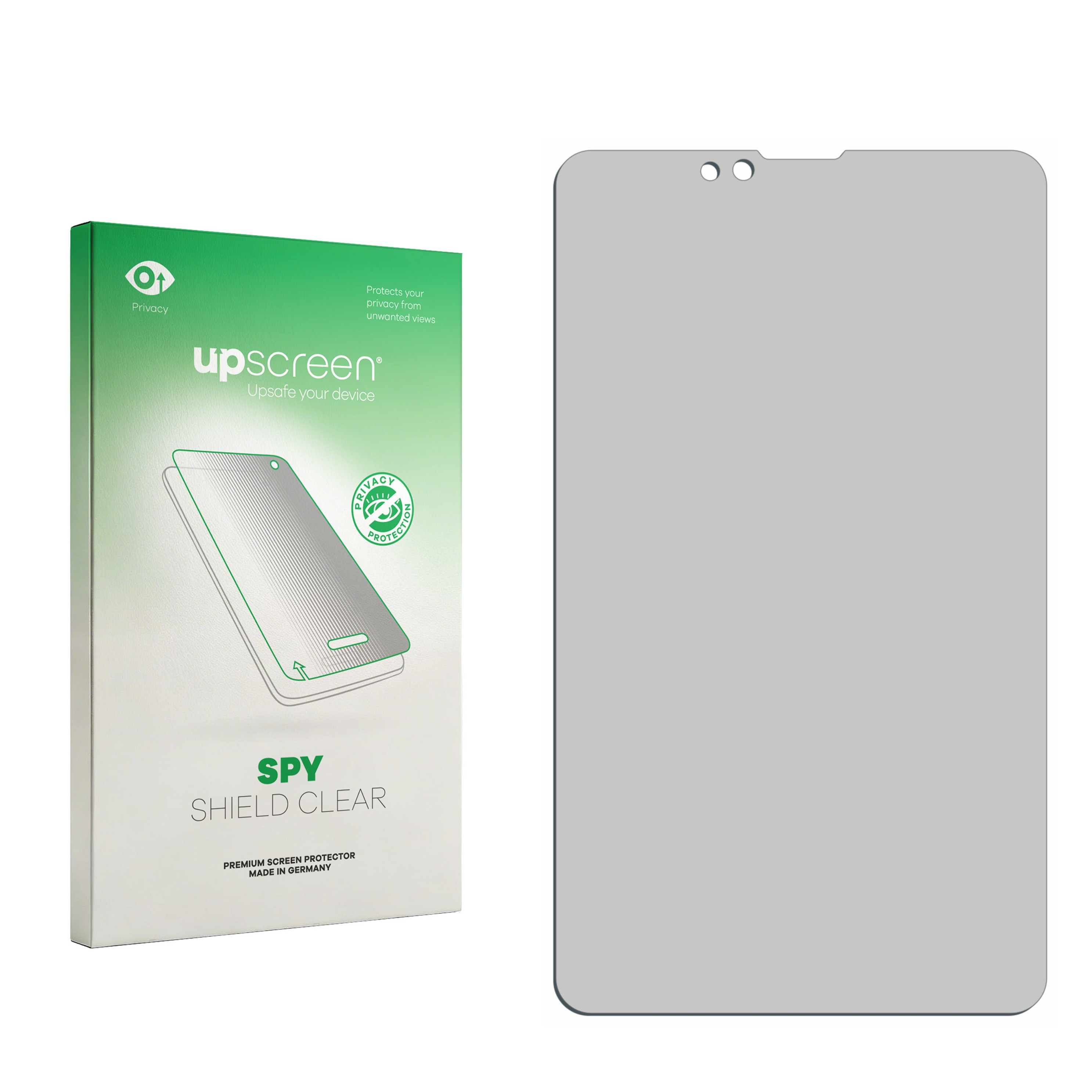 Verpackung und ein grauer Displayschutz für ein Smartphone mit Aussparungen.