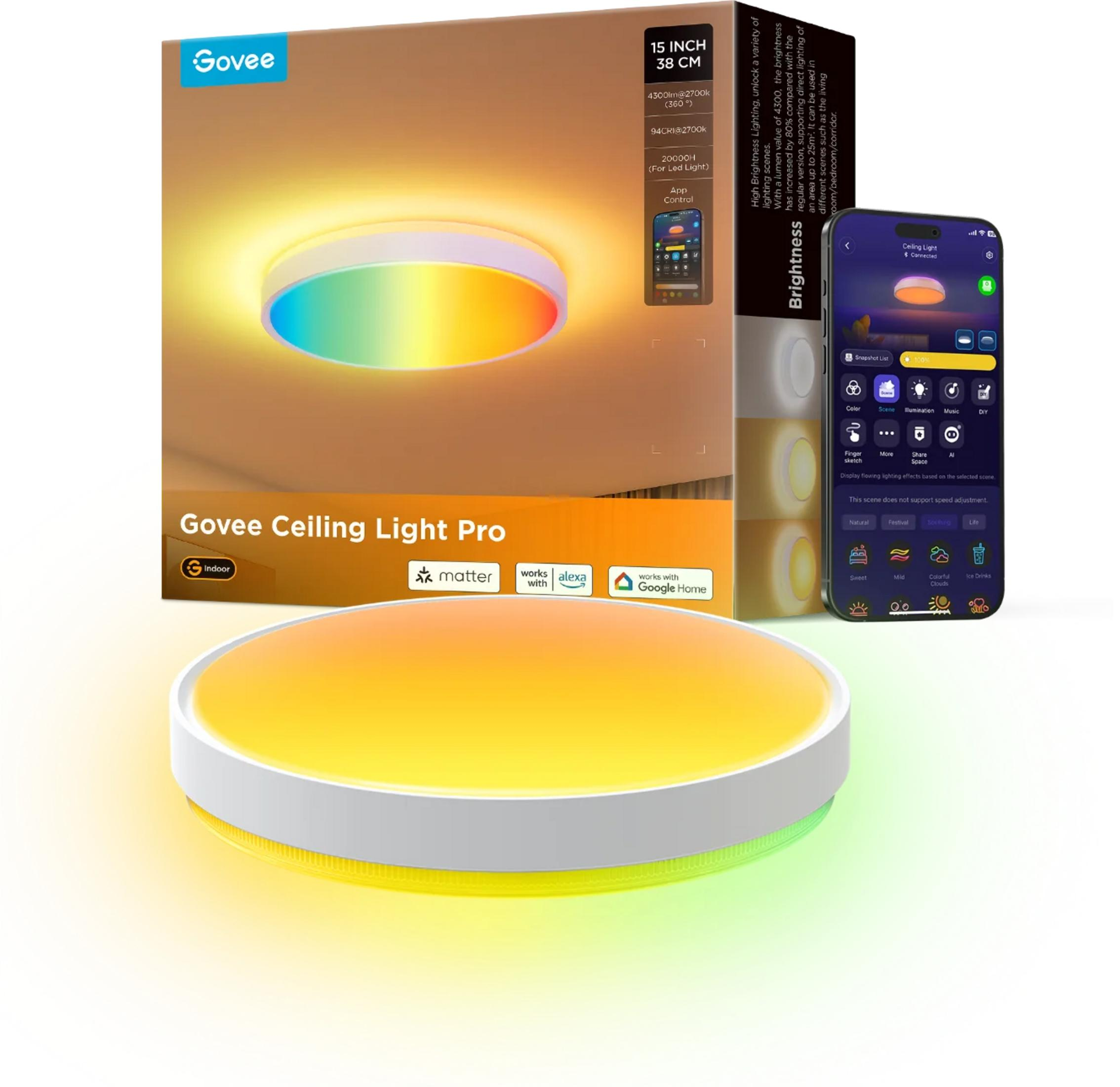 Govee Ceiling Light Pro with color changing and app control, next to its packaging.