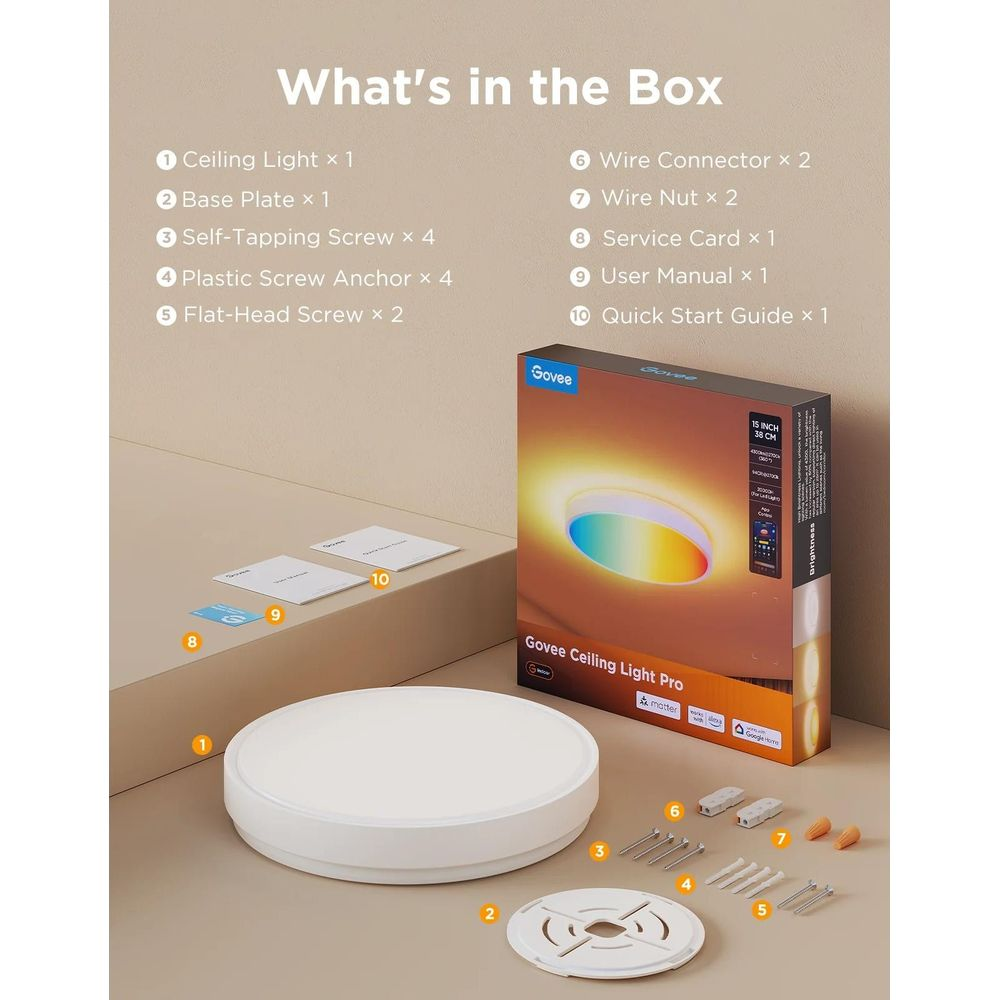 Govee ceiling light box contents: lamp, base, screws, anchors, connectors, manuals.