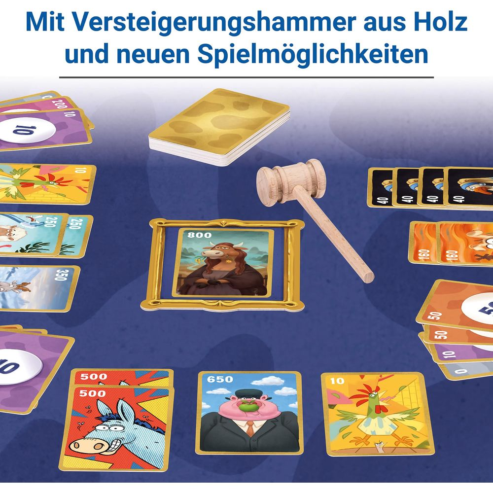 Spiel mit Holzhammer, Karten mit Tieren und Zahlen auf blauem Grund.