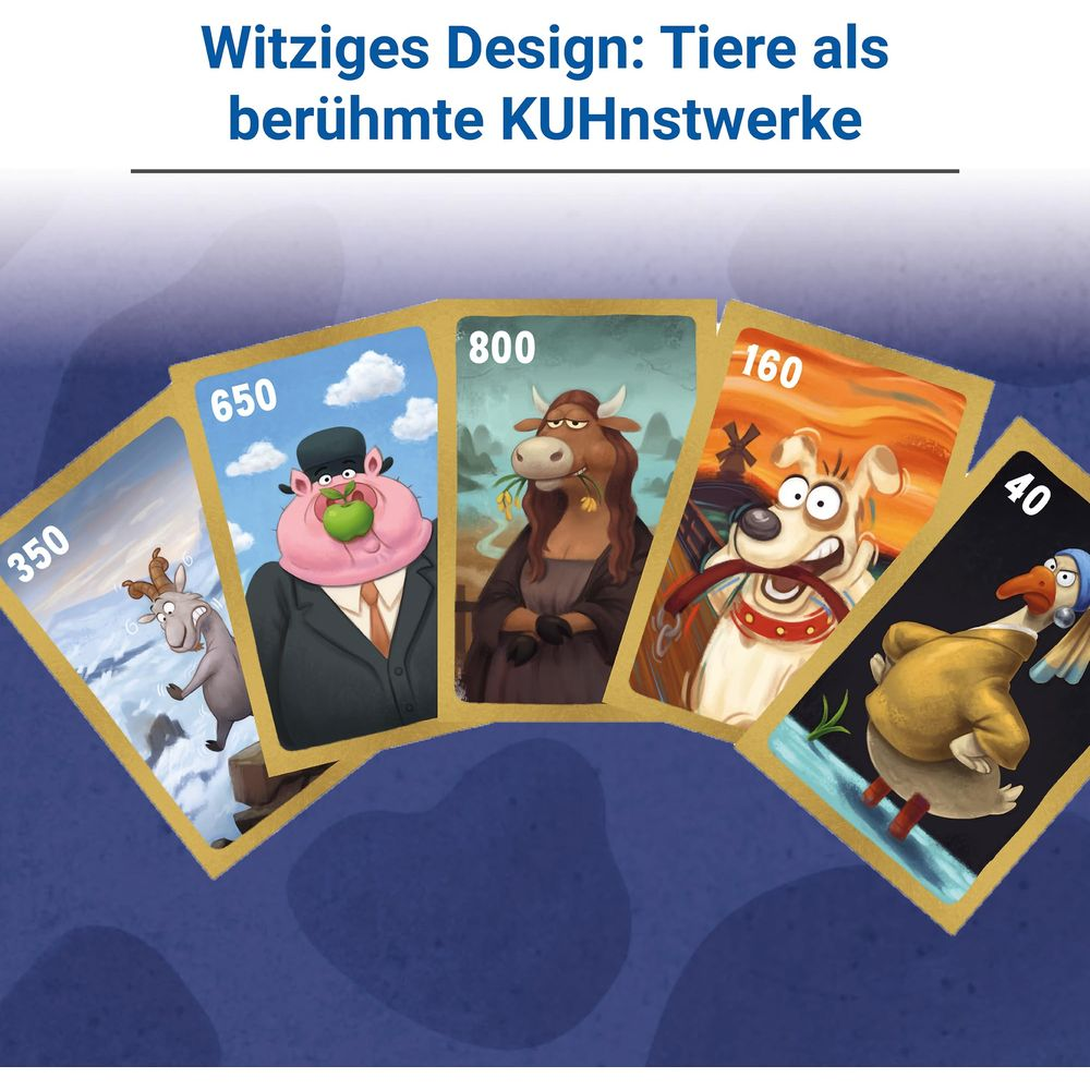 Fünf Karten zeigen Tiere in lustigen Szenen: Ziege, Schwein, Kuh, Hund und Gans.