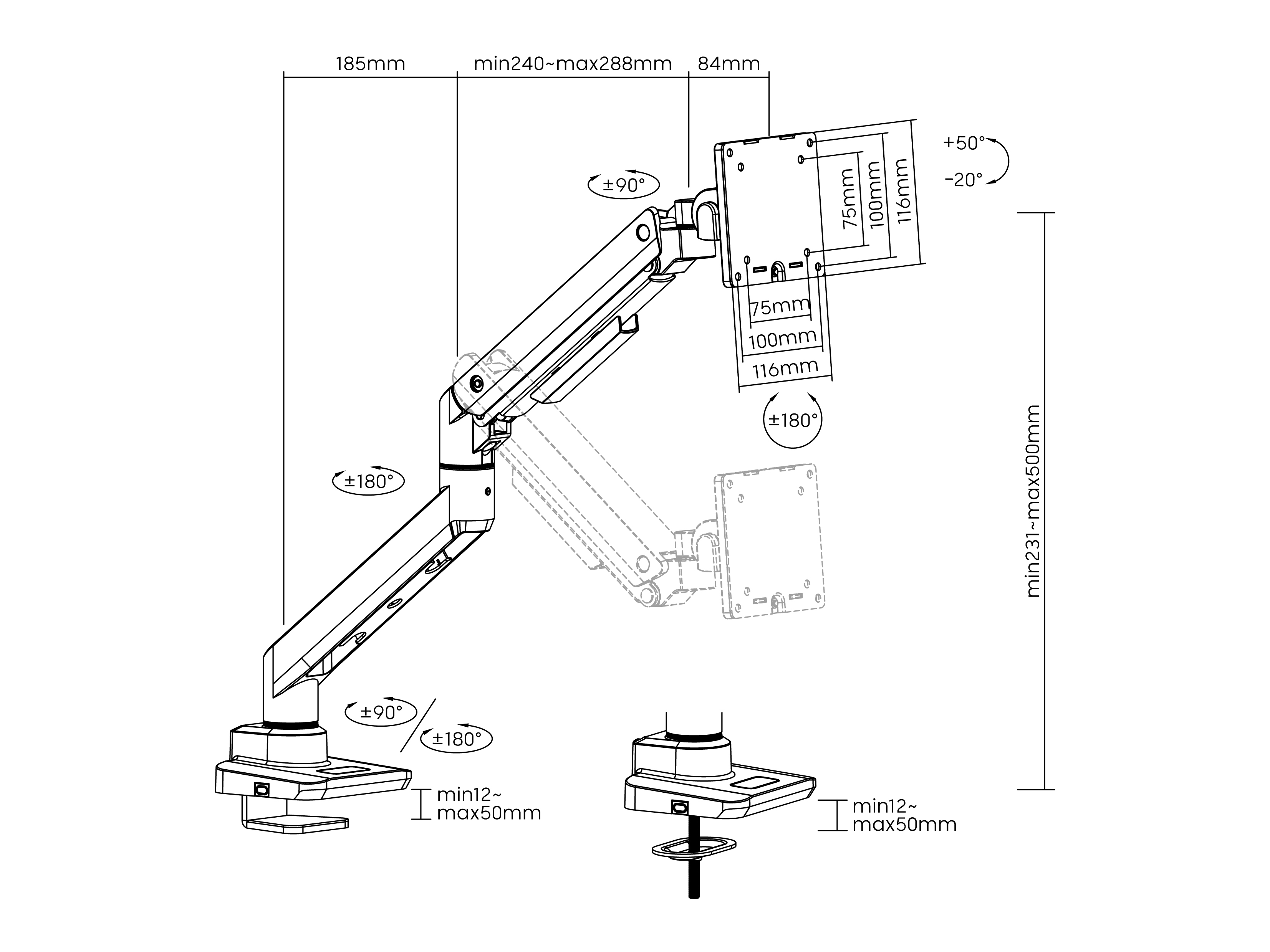 Technische tekening van een monitorarm met afmetingen en kantelhoeken.