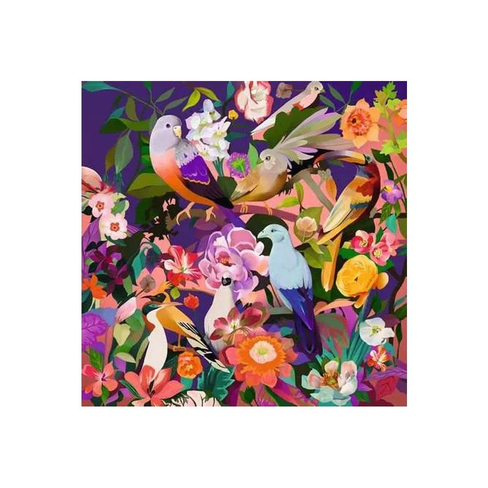Pájaros coloridos se posan en ramas entre flores y hojas.