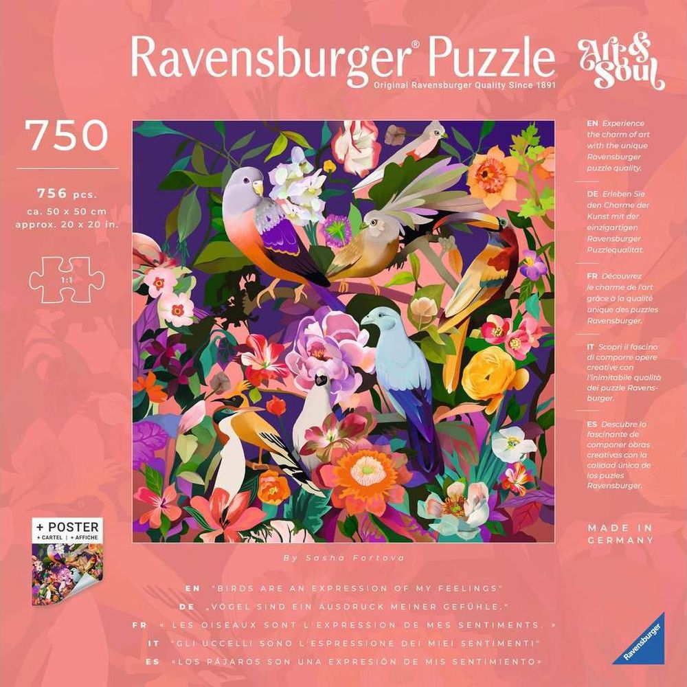 Rompecabezas Ravensburger de 750 piezas con pájaros y flores coloridas.
