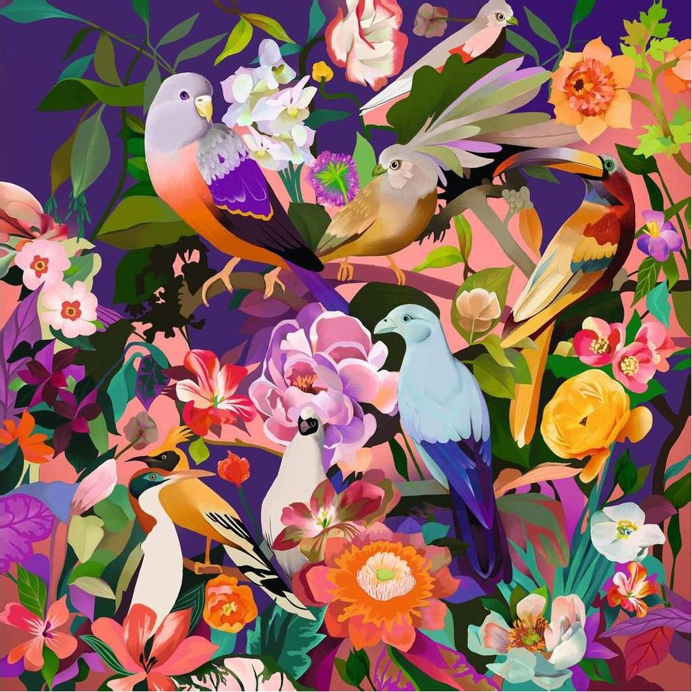 Pájaros y flores coloridos sobre fondo morado.