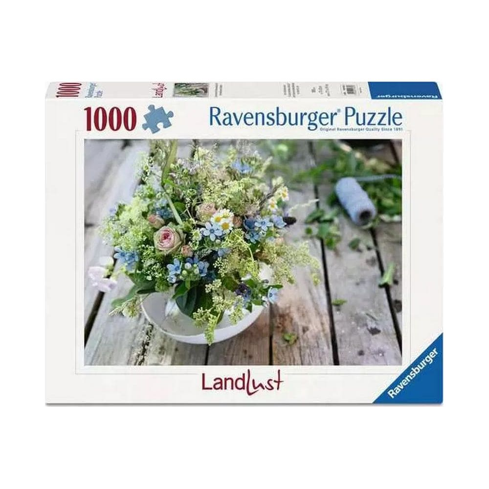 Ravensburger Puzzle 1000 Teile mit Blumenstrauß auf Holztisch.