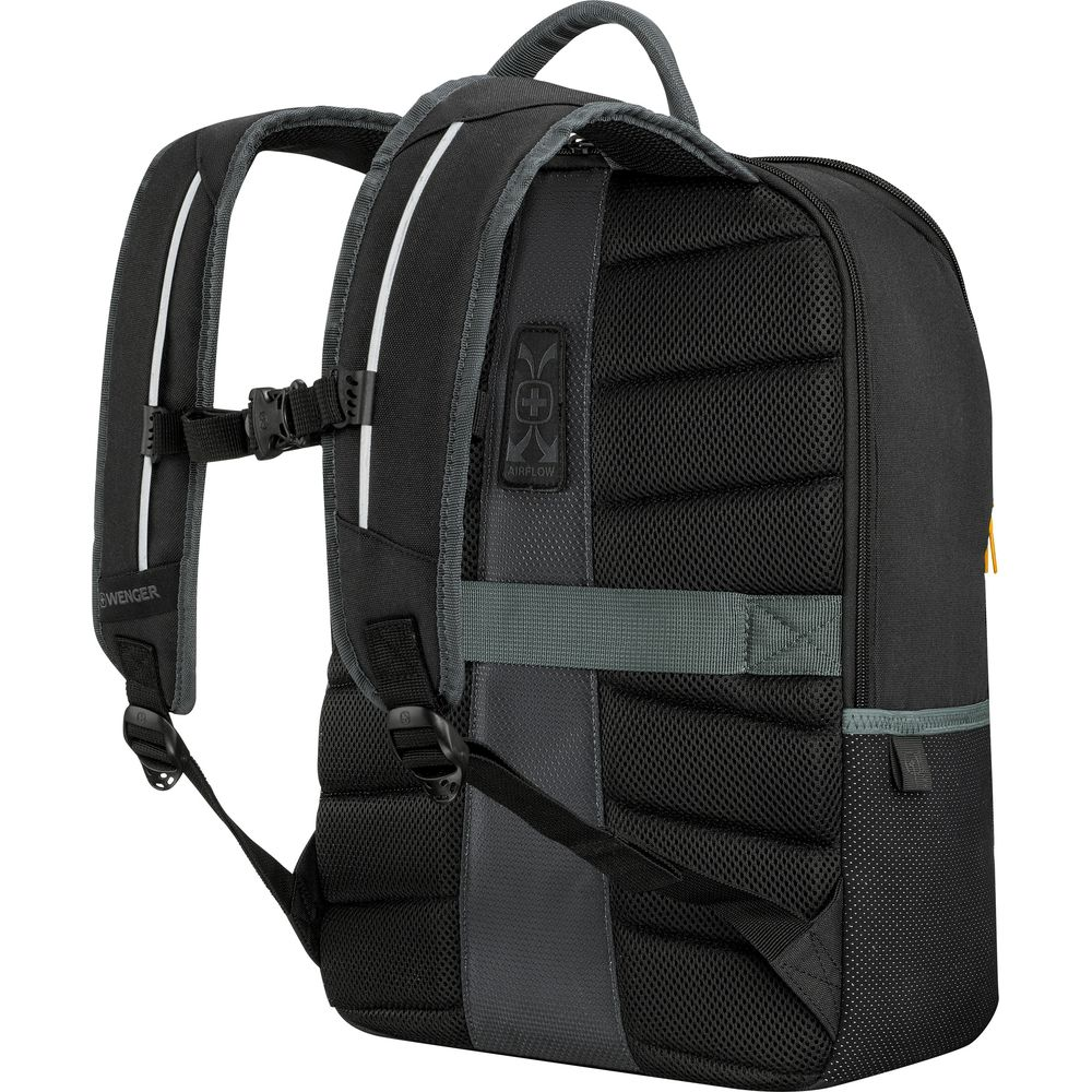 Schwarzer Rucksack mit grauen Akzenten, gepolsterten Trägern und Belüftungssystem.