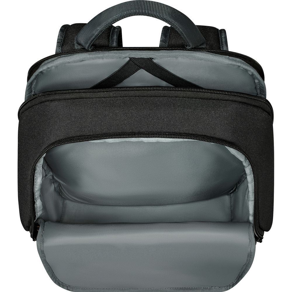 Ein offener schwarzer Rucksack mit grauem Innenraum. Das Hauptfach ist sichtbar.