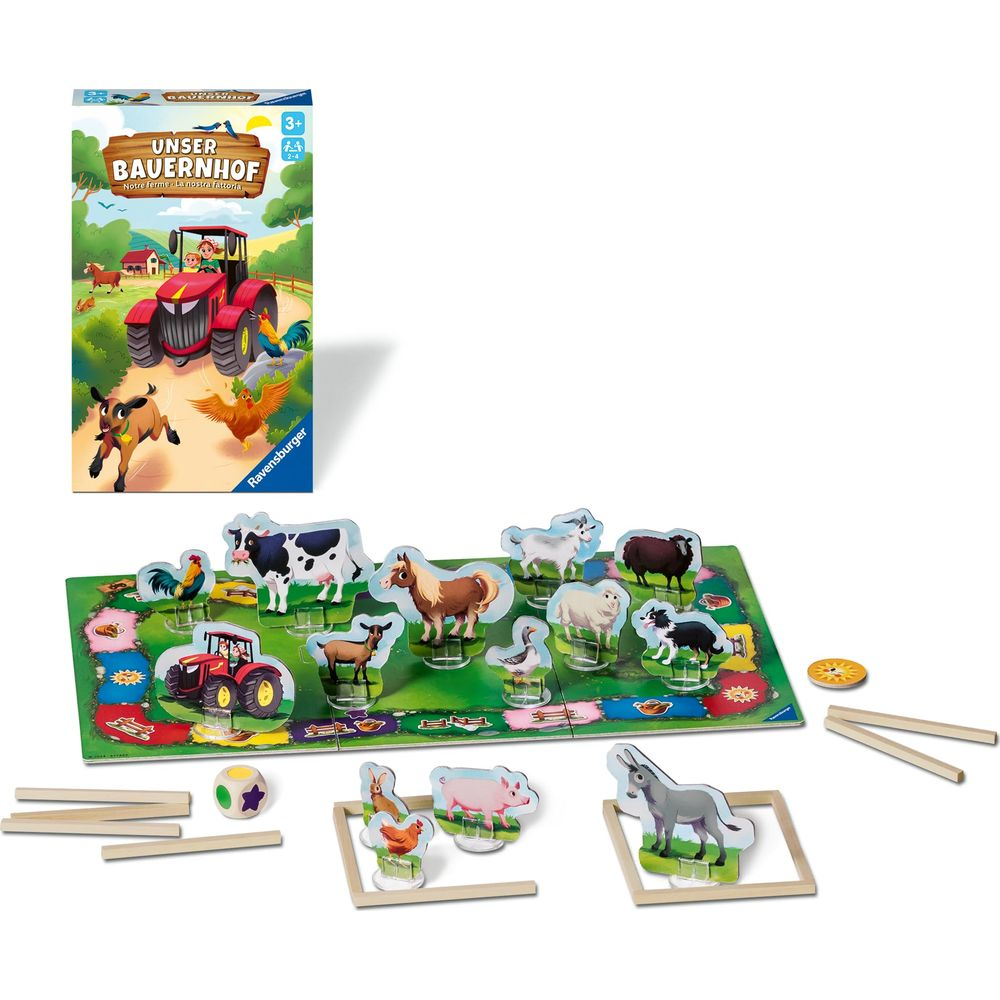 Bauernhofspiel mit Bauernhoftieren, Traktor und Spielbrett.