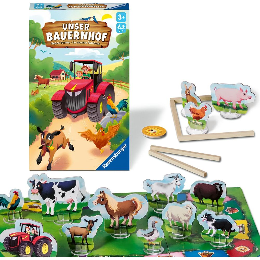 Bauernhofspiel: Traktor, Bauernhoftiere und Spielfeld mit Holzrahmen.