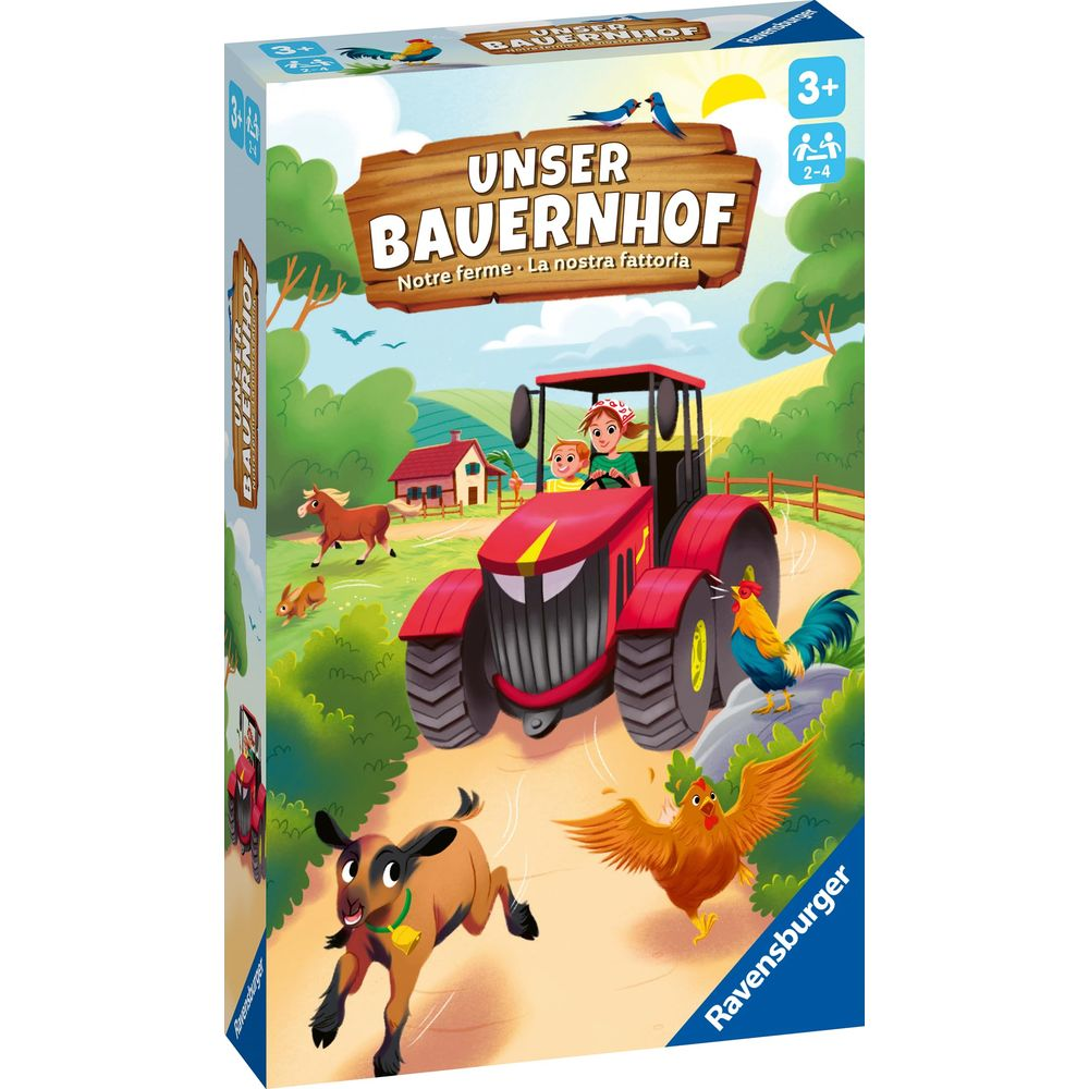 Ein Bauernhof mit Traktor, Kindern, Pferd, Ziege und Hühnern im Freien.