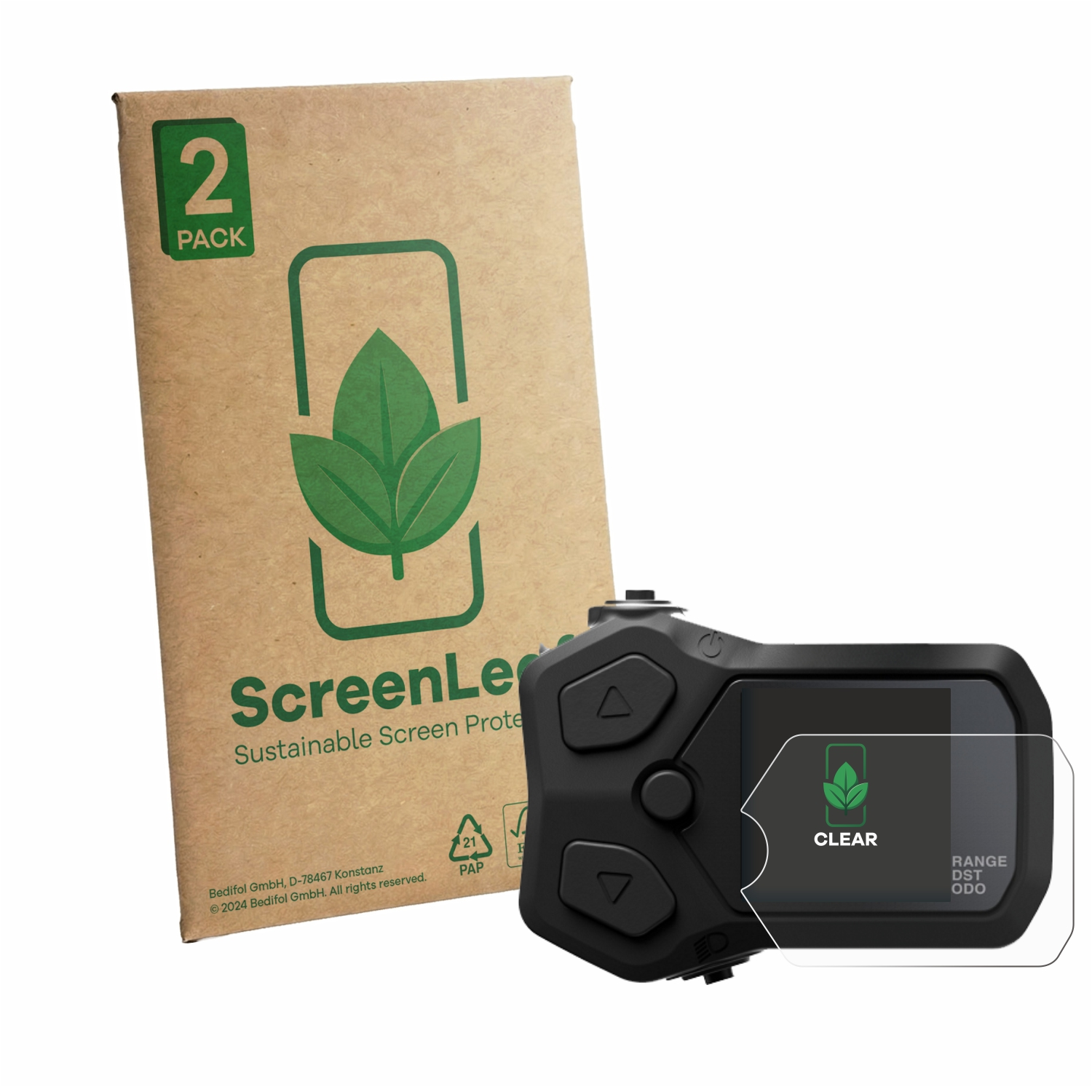 2er-Pack ScreenLe nachhaltige Displayschutzfolien mit Gerät.