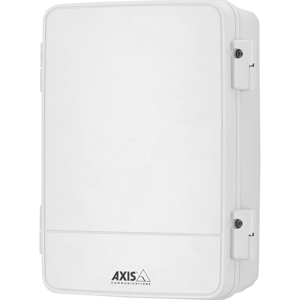 Weiße Axis Communications-Gehäuse mit zwei Riegeln auf der rechten Seite.