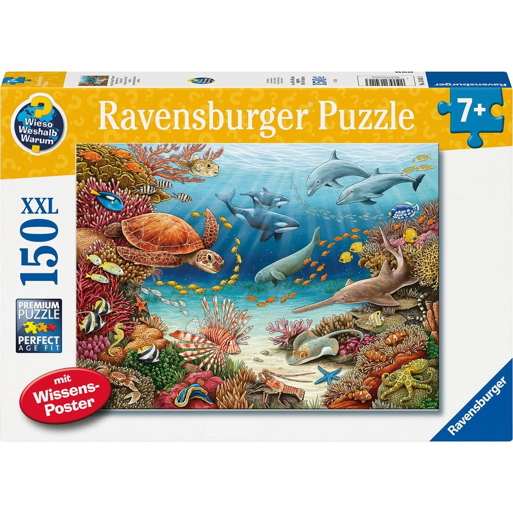 Puzzle Ravensburger: Scena sottomarina con tartaruga, delfini, orche e coralli.