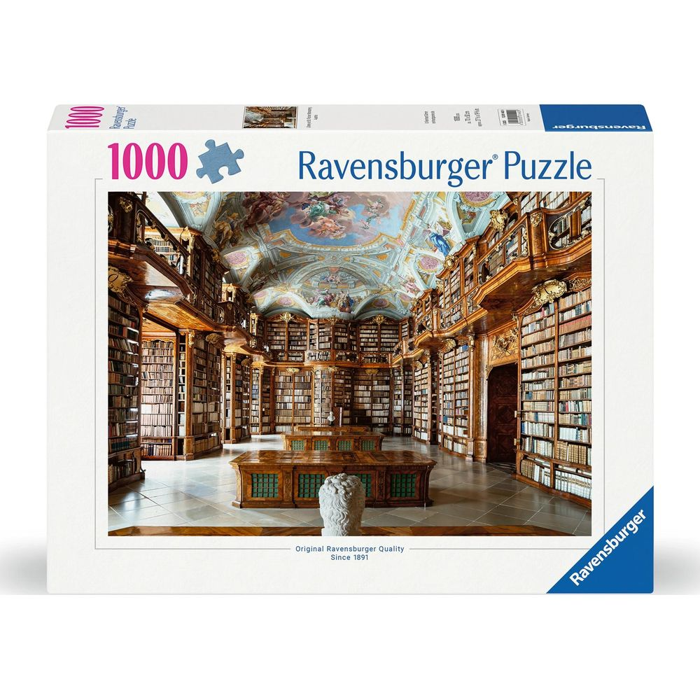 Puzzle Ravensburger da 1000 pezzi di una vecchia biblioteca con librerie e pittura sul soffitto.