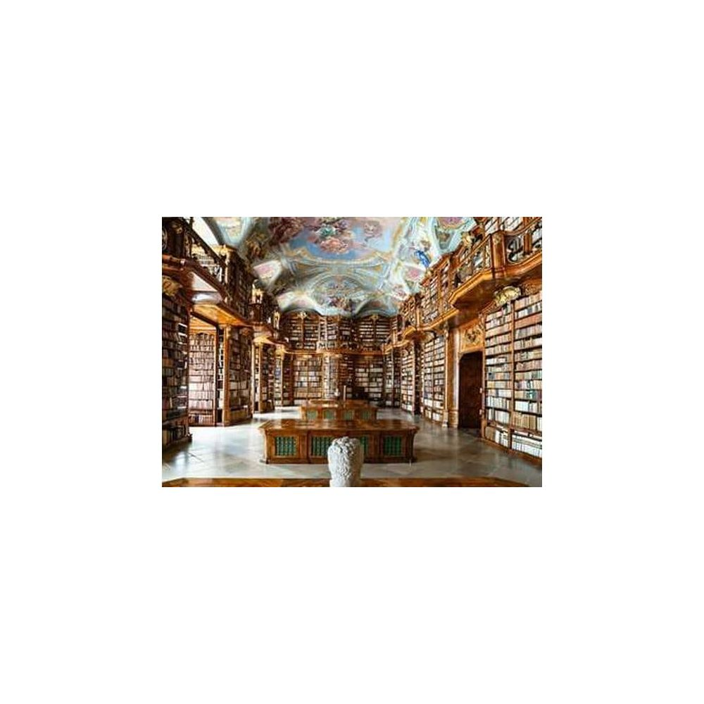 Una grande biblioteca con alte scaffalature piene di libri e un soffitto dipinto.