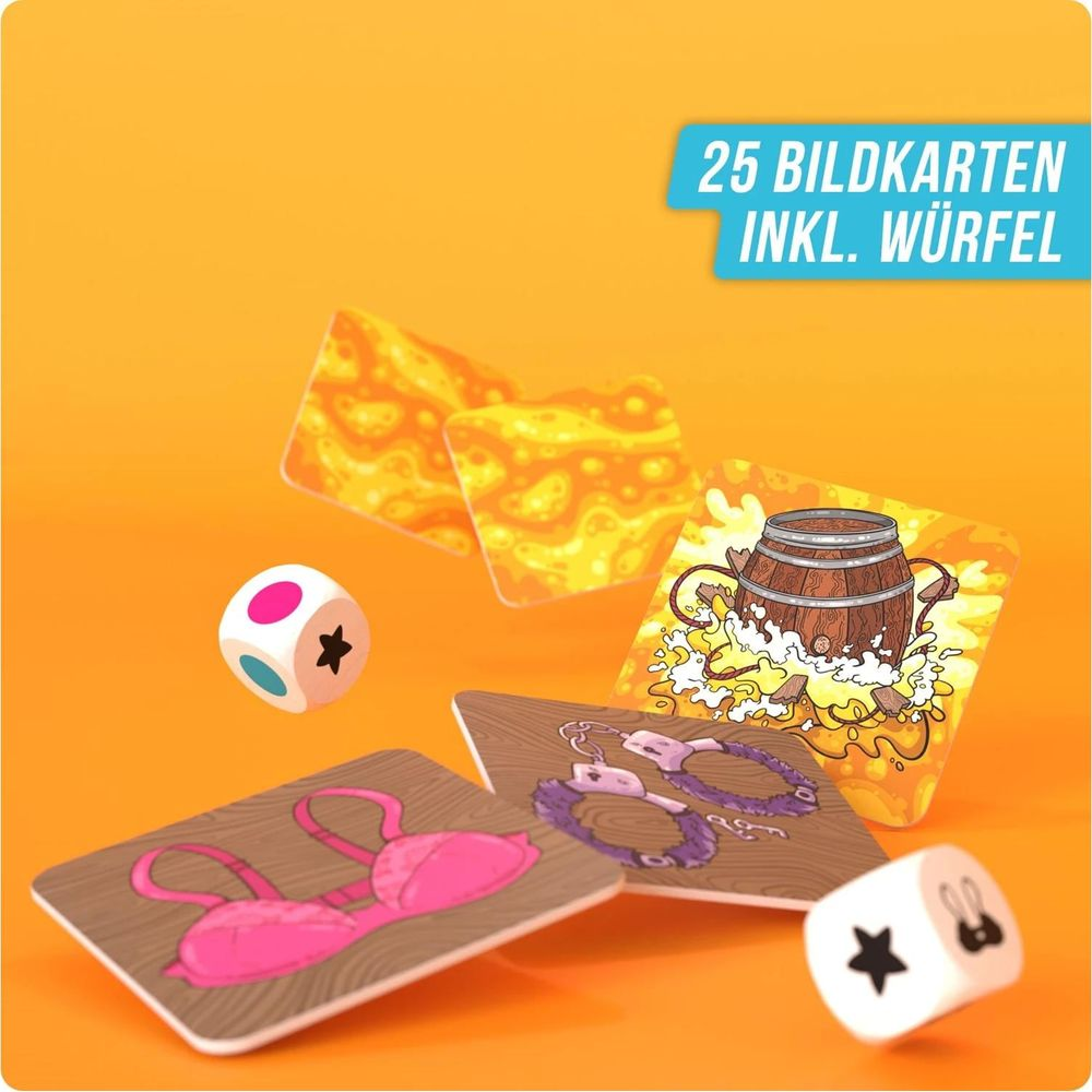 Spielkarten mit einem BH, Handschellen, einem Fass und Würfeln auf orangefarbenem Hintergrund.