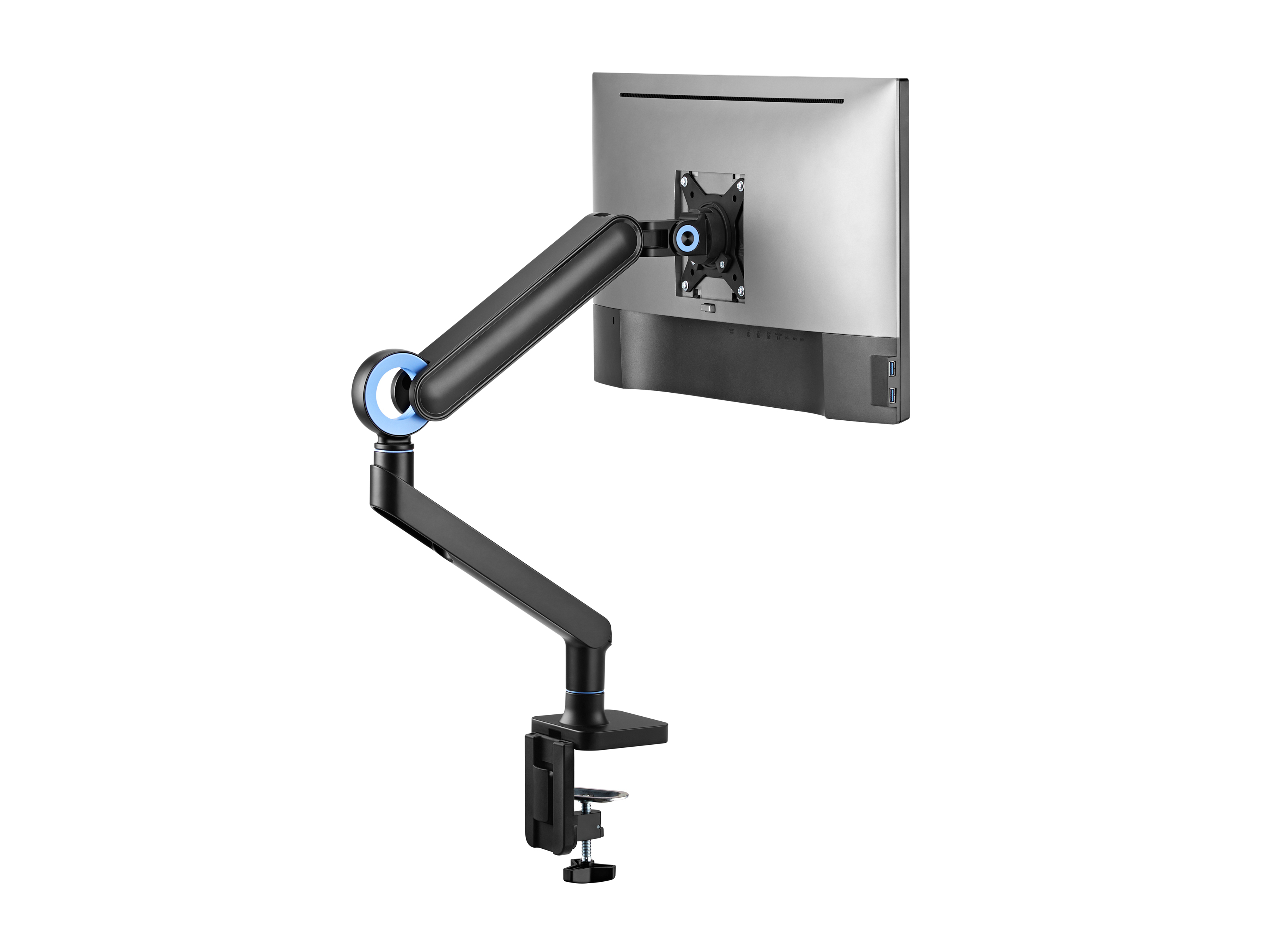 Ein Monitorarm mit Klemmfuß hält einen grauen Monitor auf weißem Hintergrund.